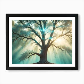 A Photograph Of A Large, Majestic Tree In A Misty Forest Art Print