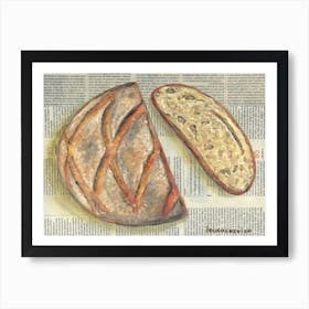Bread Loaf On Newspaper Food Bakery Kitchen Rustic Farmhouse Decor Art Print