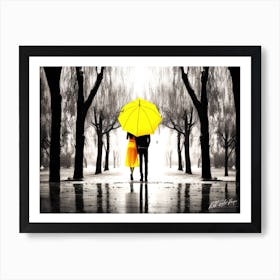 Park Way Stroll - Couple Holding Yellow Umbrella In The Rain Art Print