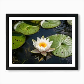 Closeup Of A Round White Water Lily Bloom Floating On A Sunny Summer Pond Vibrant Green Leaves And (1) Art Print