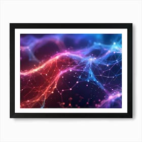 Abstract Background With Vibrant, Flowing Lines Of Interconnected Particles And Dots In Blue, Red, And Orange Hues, Suggesting Data Or Energy Flow Art Print