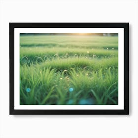 A Close Up Shot Of Green Grass With Scattered Soap Bubbles, Illuminated By A Bright, Golden Sun Art Print