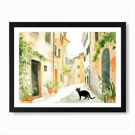 Black Cat In Ascoli Piceno, Italy, Street Art Watercolour Painting 3 Art Print