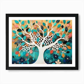 Whimsical Colorful Tree On Oak with White Lattice and Vibrant Leaves Art Print