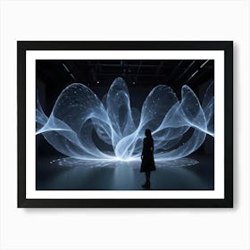 A Woman Stands In A Dark Room, Looking At A Large, Glowing, Abstract Screen Art Print