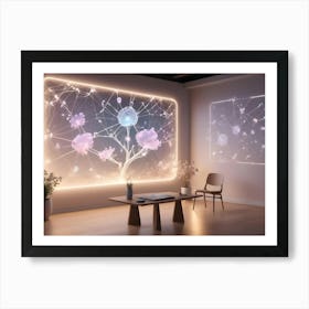 A Modern Living Room Interior With Large, Glowing Screens Displaying Abstract, Interconnected Patterns Resembling Flowers Art Print