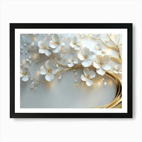 Background Of a Flowery Tree In 3d With White Flowers and Golden Stems Art Print