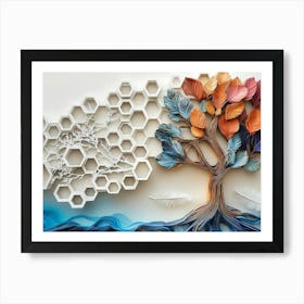 Abstract 3d Oak Artwork With White Lattice, Feathers, A Tree Motif, And Hexagons In Varied 1 Art Print