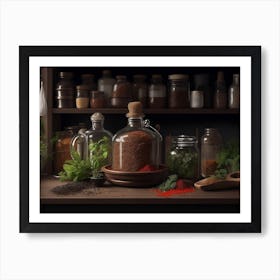 Open Kitchen Shelves Filled With Herbs And Spices Art Print