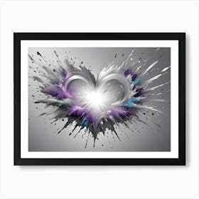 A White Heart With A Glowing Purple And Blue Center Surrounded By White, Feathery Swirls And Black Splatters Art Print