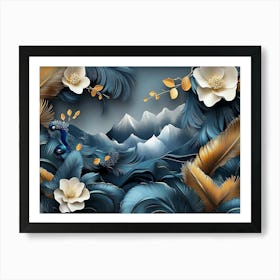 3d Tropical Leaf Branches and Flowers with Peacock Feathers Art Print