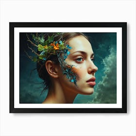 Portrait Of A Woman With Flowers On Her Face Art Print