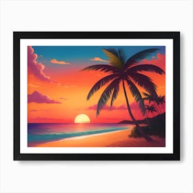 A Tranquil Beach At Sunset Horizontal Illustration 42 Art Print