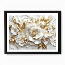 3d Floral Elegance Seamless Gold And White Ceramic Marble Texture 2 Art Print