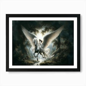 A Light In The Dark, A majestic white Pegasus with expansive wings soars with an ethereal rider through a mystical forest. Sunlight filters through the canopy, illuminating the misty ambiance of this enchanting scene. classic art Art Print