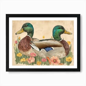 Floral Animal Illustration Mallard Duck 2 Art Print