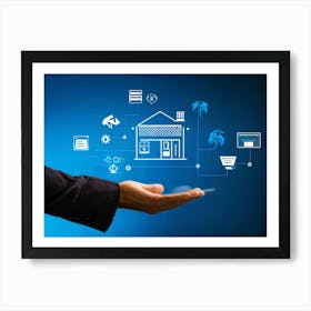 Artificial Intelligence Concept Visualized As A Hand Holding A Glowing Blue Diagram Of A Smart Home (5) Art Print