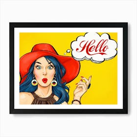 Pop Art Girl With Red Hat Over Yellow Background Art Print