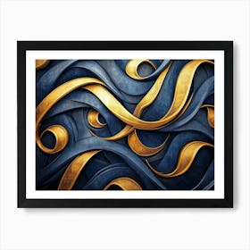 Golden And Dark Blue 3d Modern Art Print