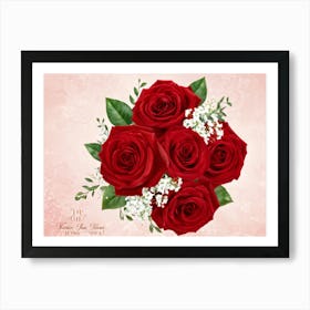 Bouquet Of Deep Red Roses Intertwined With Delicate Babys Breath And Lush Greenery Set Against A 2 1 Art Print