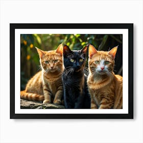 Three Cats Sitting On A Rock Art Print