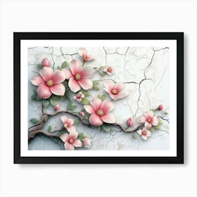 3d Cracked Wall Flowers Art Print