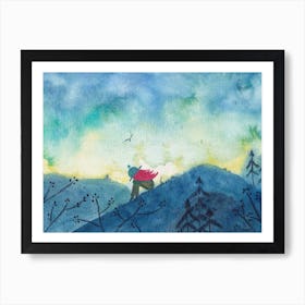 Girl Watching the Dusk in the Forest, Nursery Wall Art, Woodland theme, Adventure theme, Nature wall art, Children's Wall Art, Printable 1 Art Print