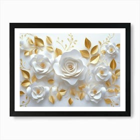 3d White Paper Roses On A White Background, Golden Leaves, An Elegant Floral Pattern Art Print