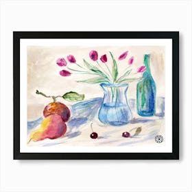 Tulips And Fruits - watercolor hand painted still life floral flowers kitchen art dining Art Print