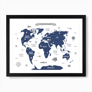 Navy Blue World Map Art Print