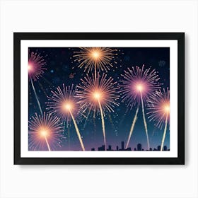 Abstract Image Of Fireworks Exploding Against A Night Sky With A Cityscape Silhouette In The Foreground, Representing Celebration And Urban Life Art Print