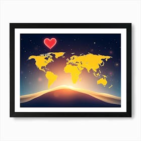 World Map With Heart Art Print