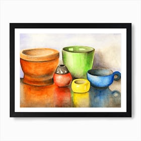 Colorful Dishes watercolor painting colors cups still life painting kitchen art hand painted blue green oragne red yellow Art Print