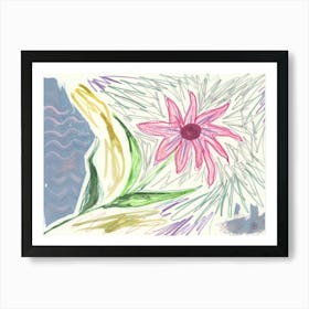 Pink Flower Within Graphite - hand drawn pink green grey gray Art Print