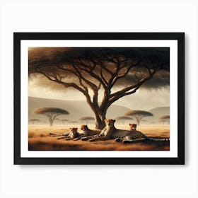 A family of cheetahs resting under the shade of an acacia tree Art Print