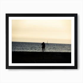 Silhouette Of An Embracing Couple Looking At The Sea 1 Art Print