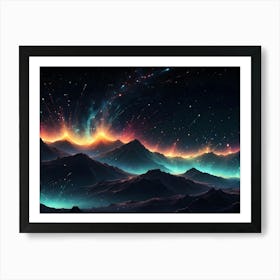 A Scene Of Mountains Silhouetted Against A Dark Night Sky With A Burst Of Colorful Light Erupting From Behind Them Art Print