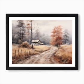 A Painting Of Country Road Through Woods In Autumn 25 Art Print