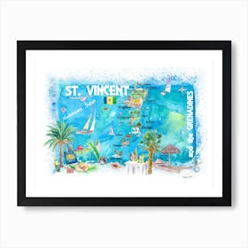 Saint Vincent Grenadines West Indies Illustrated Travel Map With Roads And Highlights Art Print