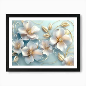 3d White And Pink Flowers, Golden Swirls And Leaves On Light Blue Art Print