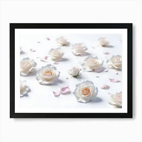 White Roses And Petals Scattered On White Background Elegant Floral Design Art Print