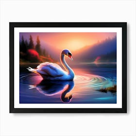 Swan Swimming Lake - Wild Bird Painting Artwork 92 Art Print