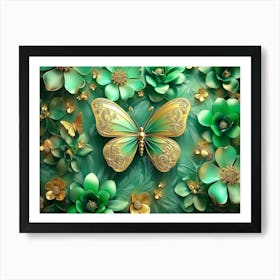 3d Art Abstract Floral Background With Green Flowers And Golden Butterfly 2 Art Print