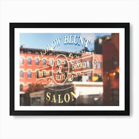 New York, USA I NYC skyline in window reflection from the barber shop to retro vintage gold graphic design typography with Brooklyn's red brick architecture for an abstract photographic composition Art Print
