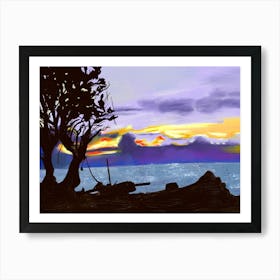 Evening at coast tree lake and beautiful sky oil painting Art Print