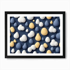 Abstract Image Of A Pattern Of Various Sized, 3d Shapes In Shades Of Blue, White, And Yellow On A Dark Blue Background Art Print