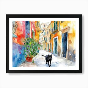 Black Cat In Cagliari, Italy, Street Art Watercolour Painting 1 Art Print