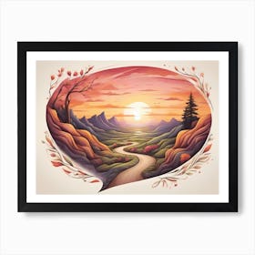 Decorative View Of Mountain Region At Sunrise And A Wandering Path In A Oval Flower Decoration - Color Illustration On White Background Art Print