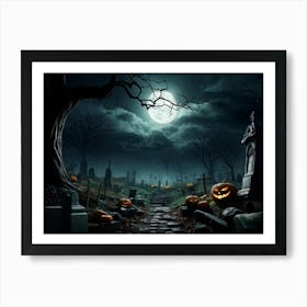 Art Landscape Pumpkin Holiday Design Halloween Fear Moon Skittish Green Grave Dark Scene (32) Art Print