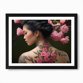 Asian Woman With Cherry Blossoms Tattoos Art Print